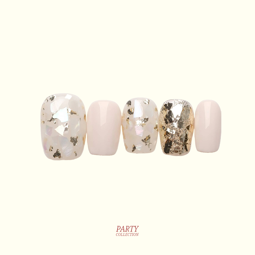 Aloha Hawaii glitter press-on nails — white and gold foil, square shape | Ochic Nails