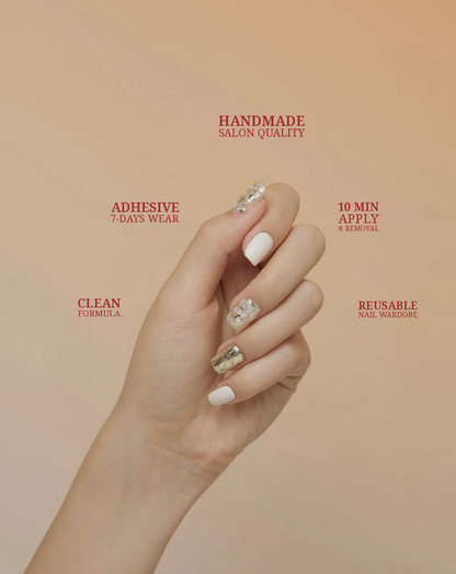 Aloha Hawaii glitter press-on nails — white and gold foil, square shape | Ochic Nails