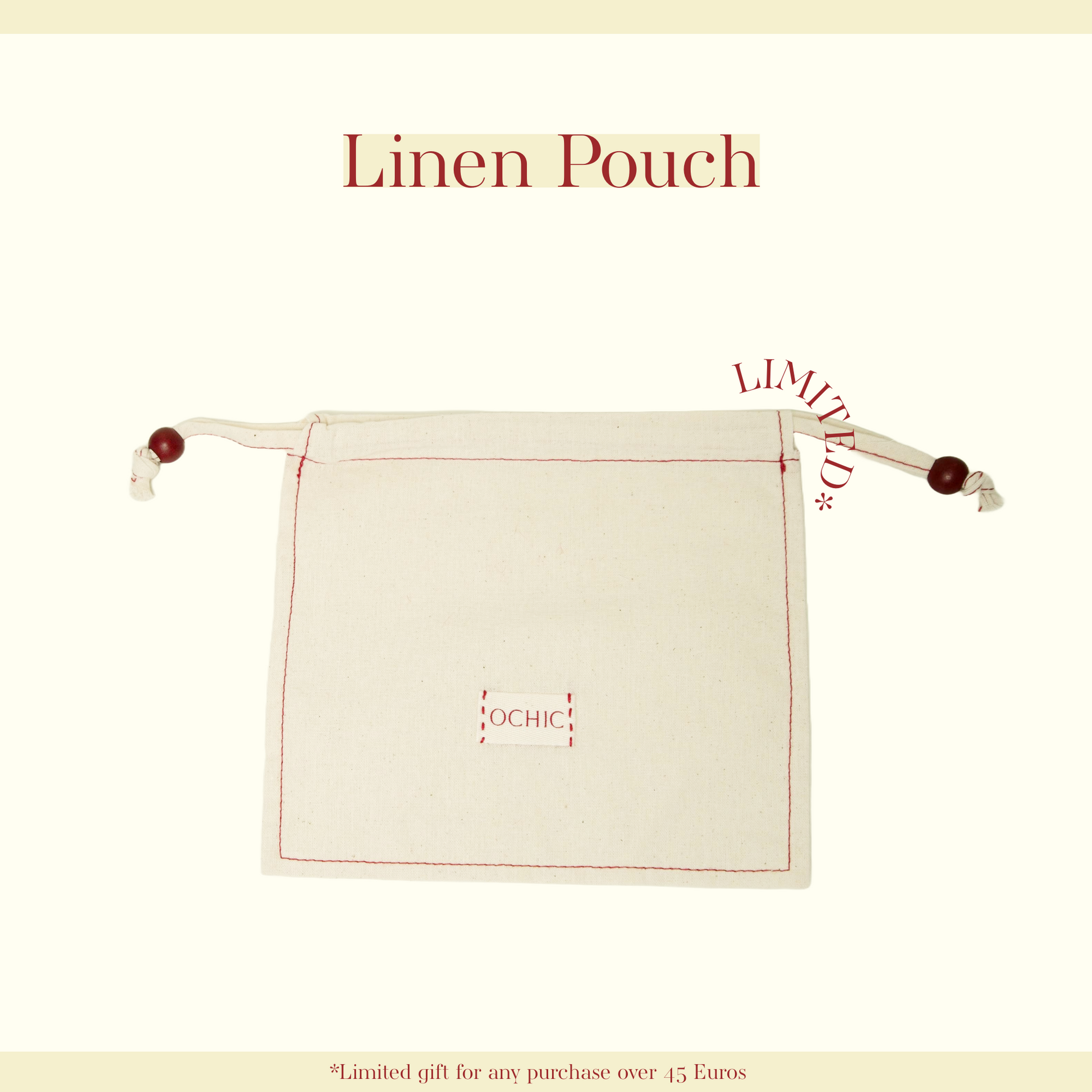 A linen pouch with handmade red stitching and drawstring, featuring the brand name 'OCHIC' in the corner.