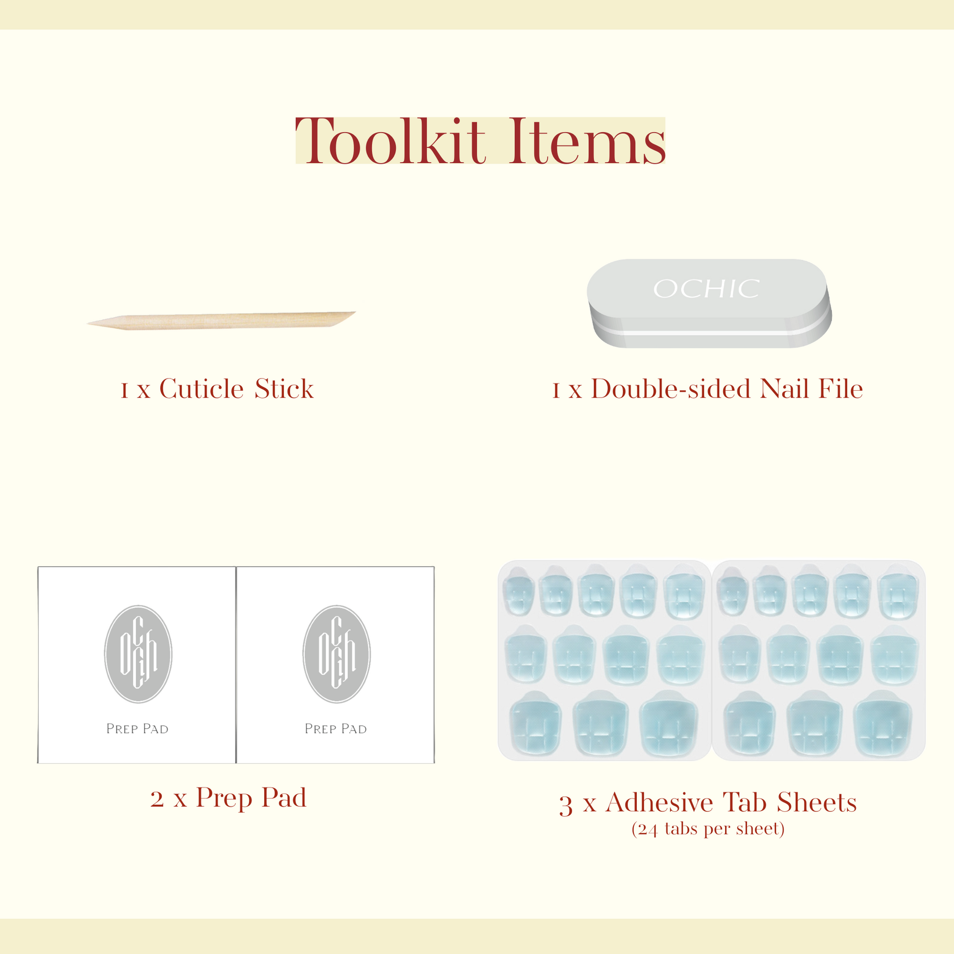 Essential tools for press on nails beginners, includes wood cuticle sticks, double-sided nail file, alcohol prep-pad and adhesive tabs | Ochic