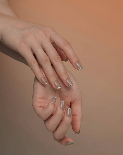 Roze Quartz French tip press-on nails — pink, gemstone-inspired nails with silver glitter French tips, square shape | Ochic