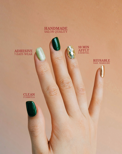 Evergreen Glam glitter press-on nails — forest green with gold glitter | Ochic