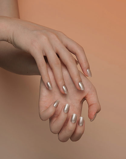 Moonlight Dancing glitter press-on nails — silver shimmer, square shape | Ochic