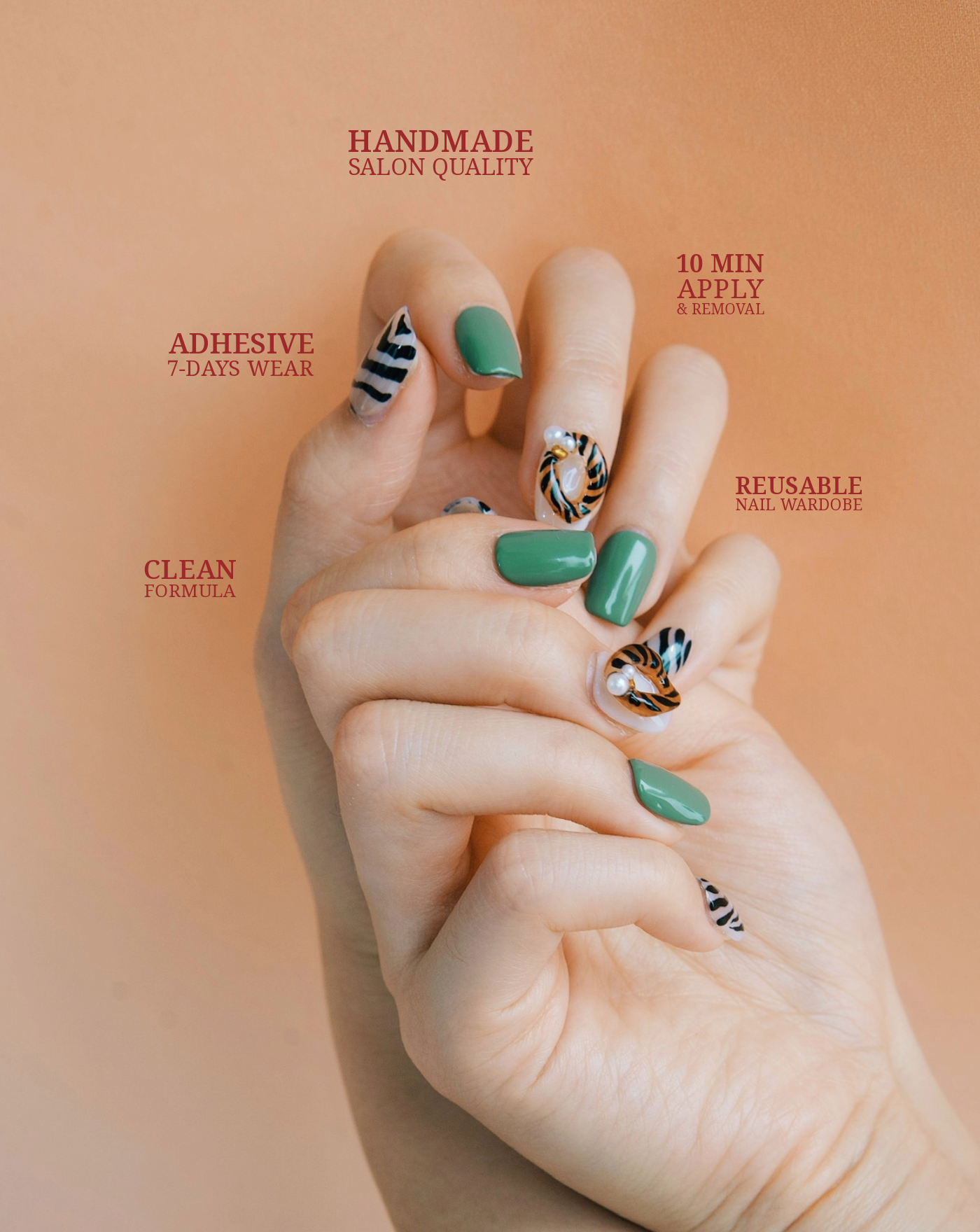 Safari Dream 3D press-on nails — animal print nail art, earthy tones | Ochic