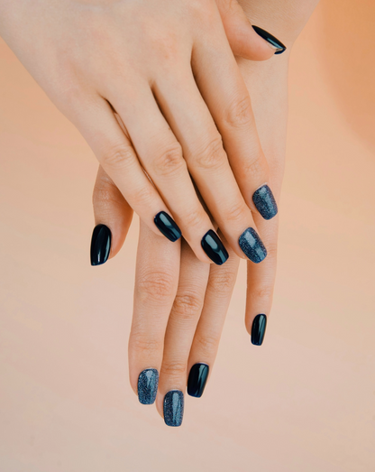 Sky Fall glitter press-on nails — sky blue with shimmer, square shape | Ochic