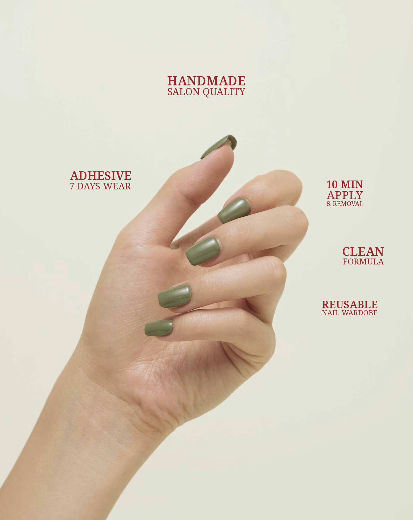 Take Your Time single-colour press-on nails — soft moss green, square shape | Ochic
