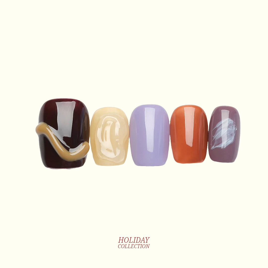 Tuscany Sunset 3D press-on nails — burgundy, lavender and burnt orange nail art | Ochic