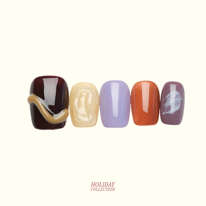 Tuscany Sunset 3D press-on nails — burgundy, lavender and burnt orange nail art | Ochic