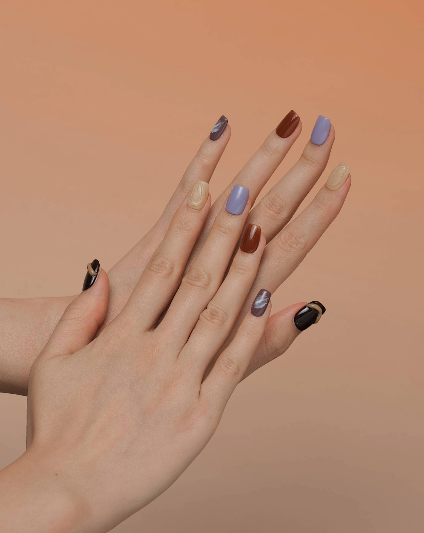 Tuscany Sunset 3D press-on nails — burgundy, lavender and burnt orange nail art | Ochic
