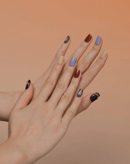 Tuscany Sunset 3D press-on nails — burgundy, lavender and burnt orange nail art | Ochic