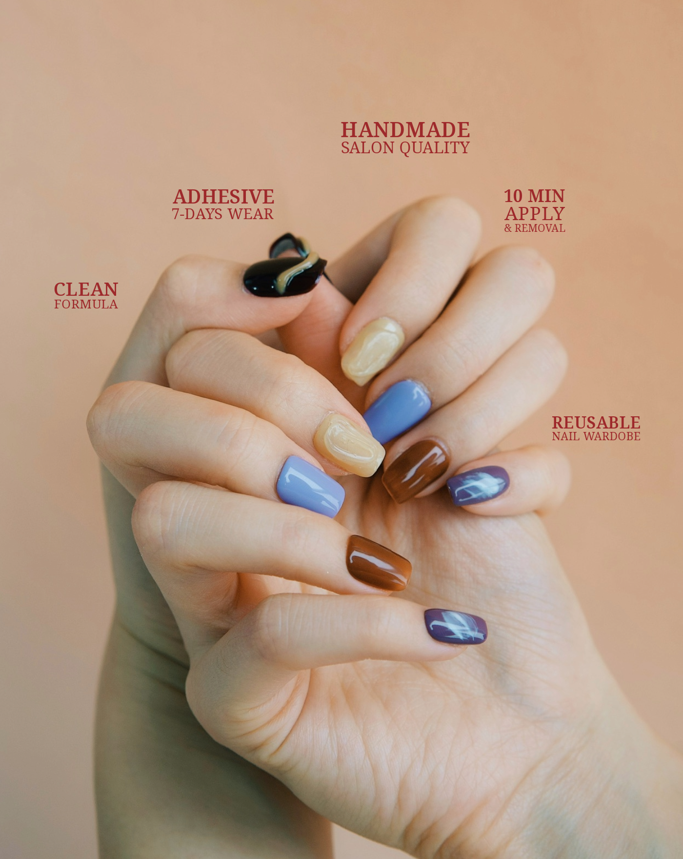 Tuscany Sunset 3D press-on nails — burgundy, lavender and burnt orange nail art | Ochic